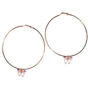 Oversized Gold Pink Butterfly Charm Hoop Earrings XL Big KATTA Hoops Butterflies